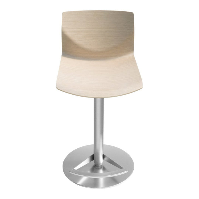 Modern bar stool with a light beige seat and sleek silver base, featuring smooth curves for a contemporary look.