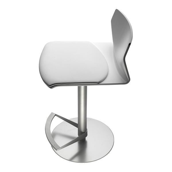 Modern white bar stool with sleek silver base, featuring a minimalistic design and smooth, curved lines.