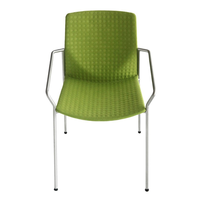 Bright green chair with a textured pattern and sleek silver armrests, perfect for modern seating solutions.