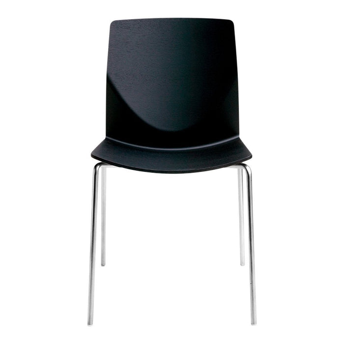 Black chair with a smooth, minimalist design and sleek silver legs. Ideal for modern decor.