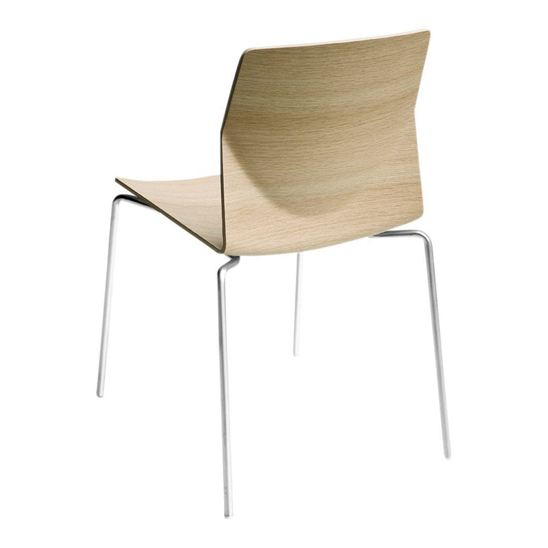 Natural wood grain chair with a smooth finish and sleek chrome legs, showcasing a minimalist design.