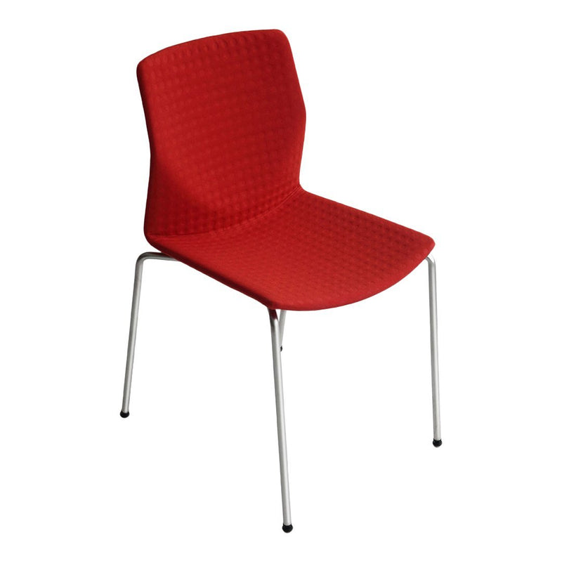 Red patterned chair with a sleek design and silver legs, perfect for modern home or office decor.