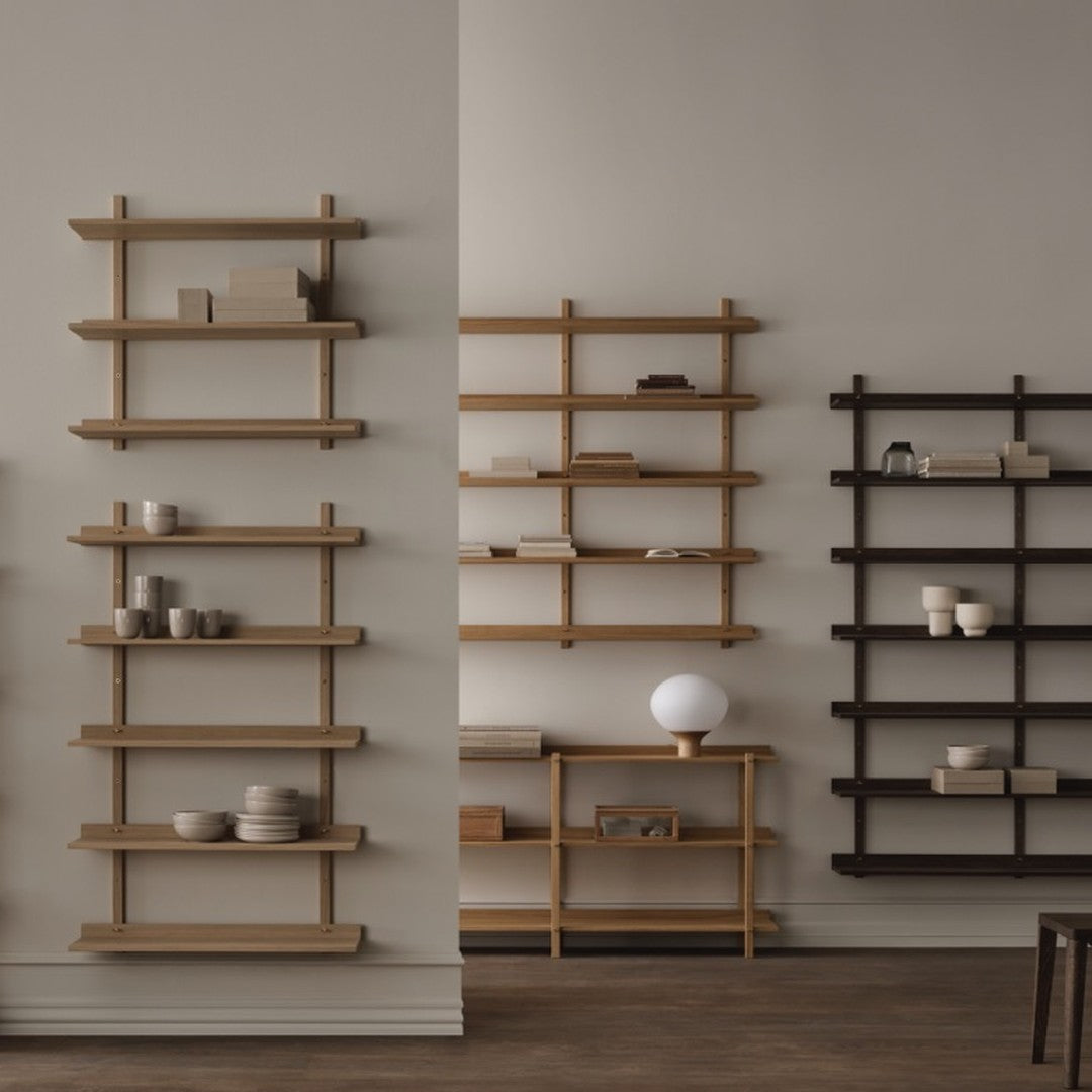 Contemporary wooden shelves in light oak and dark walnut, featuring clean lines and minimalistic design.