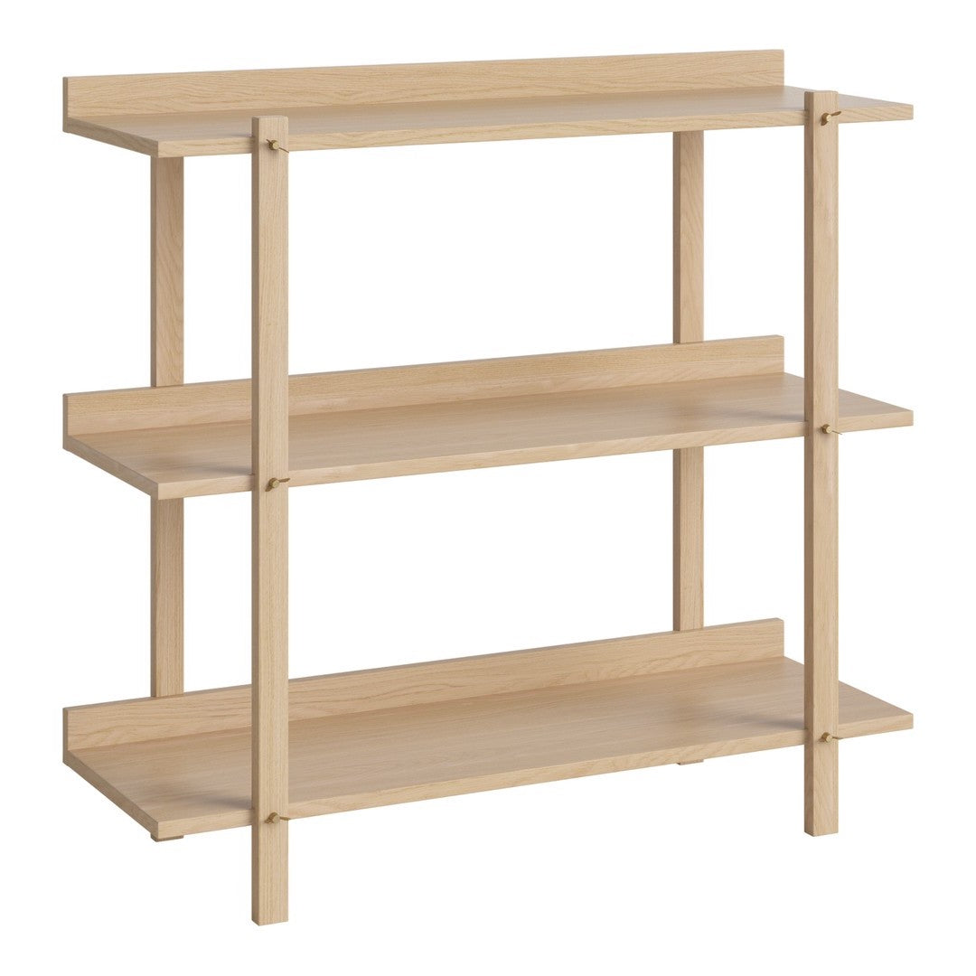 Light wood three-tier shelving unit with a minimalist design and natural finish. Smooth, no visible patterns.