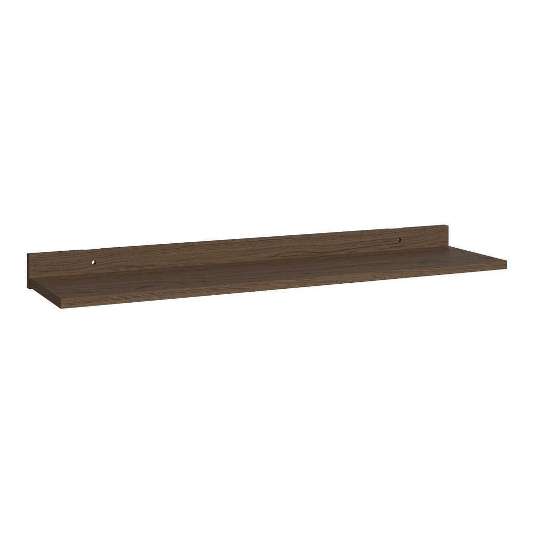 Dark walnut floating shelf with a smooth, matte finish. Simple, contemporary design for versatile decor.