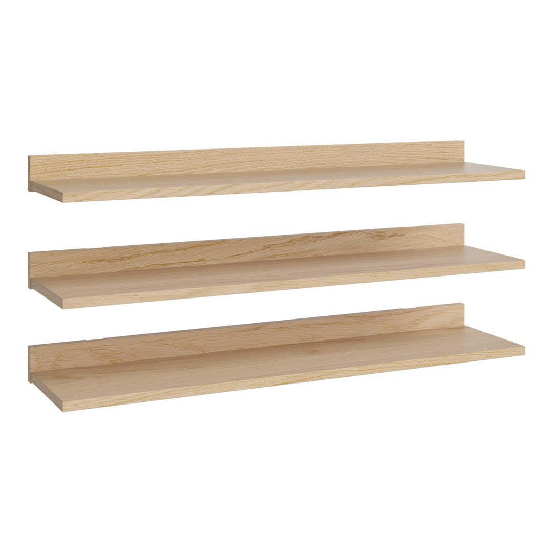 Natural wood floating shelves in light oak finish with a smooth, minimalist design. Perfect for any decor.