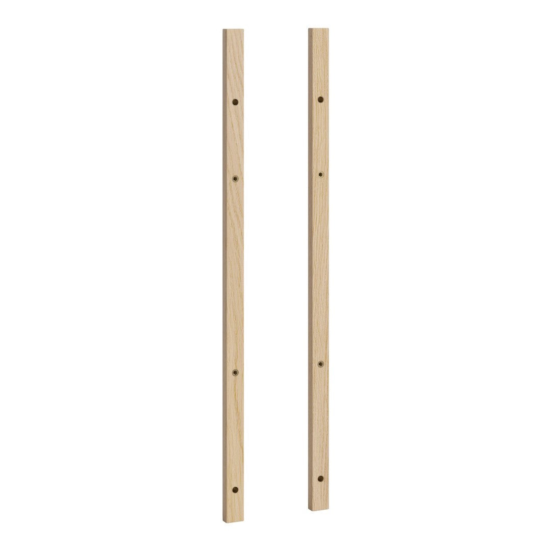 Natural light wood vertical slats with a smooth finish and evenly spaced holes, ideal for shelving or furniture assembly.