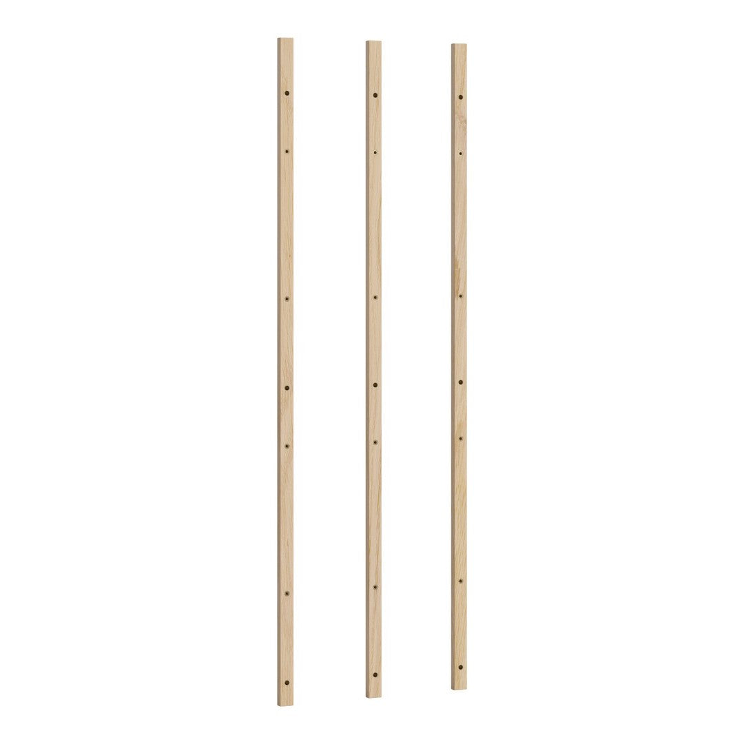 Three vertical wooden rods in natural wood color with smooth finish and evenly spaced holes along the length.