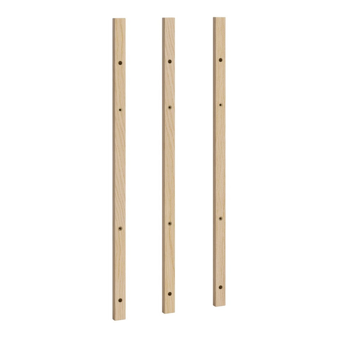 Natural light wood vertical slats with a smooth finish, featuring evenly spaced holes for versatile assembly.