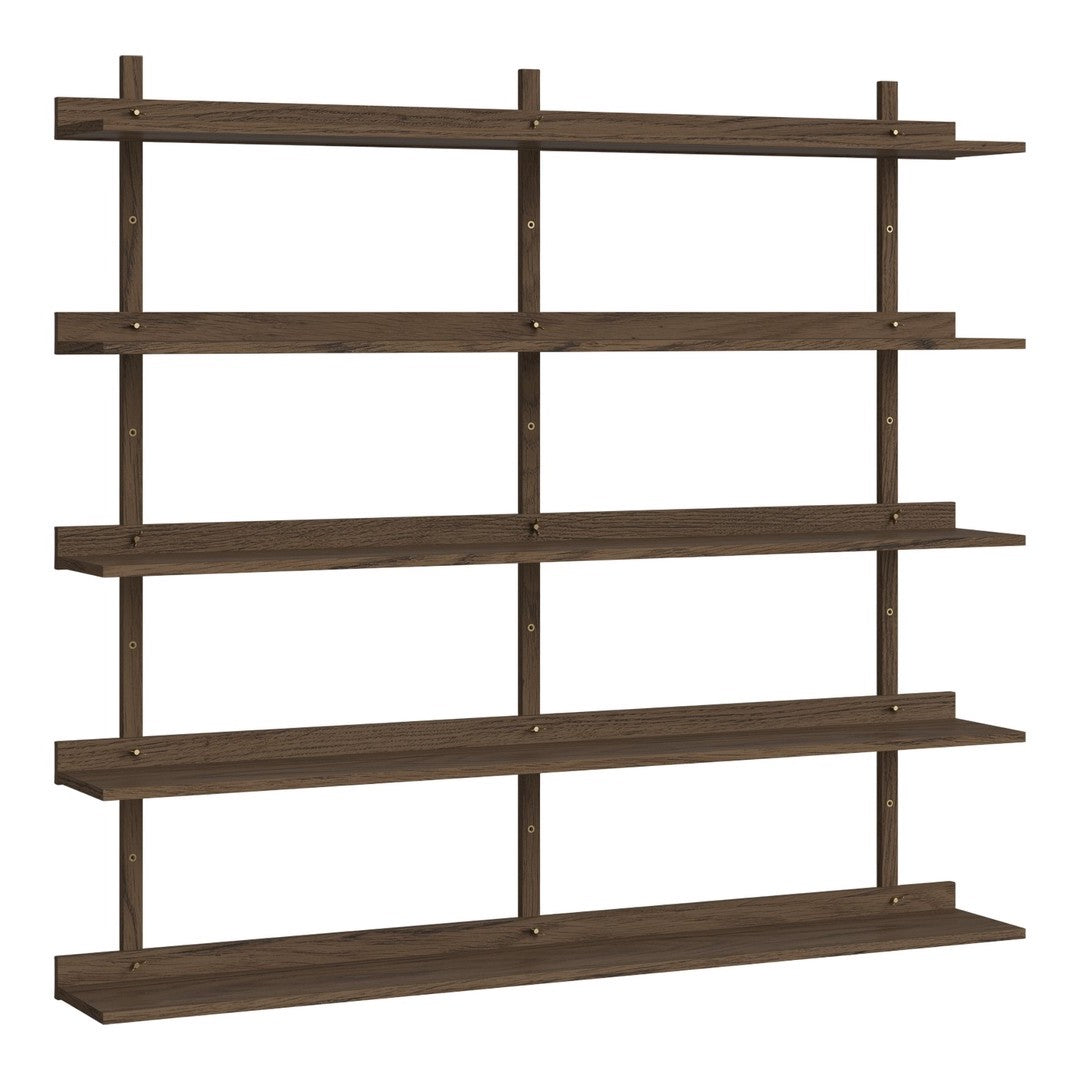 Brown wooden shelving unit with a minimalist design and evenly spaced open shelves. Perfect for modern decor.