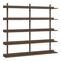 Brown wooden shelving unit with a minimalist design and evenly spaced open shelves. Perfect for modern decor.