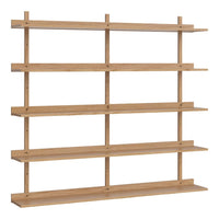 Natural wood shelving unit with a minimalist design, featuring light oak color and clean, straight lines.