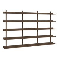 Brown wooden shelving unit with a minimalist design featuring several horizontal shelves and vertical supports.