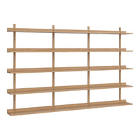 Light natural wood bookshelf with a simple, streamlined design and multiple open shelves.