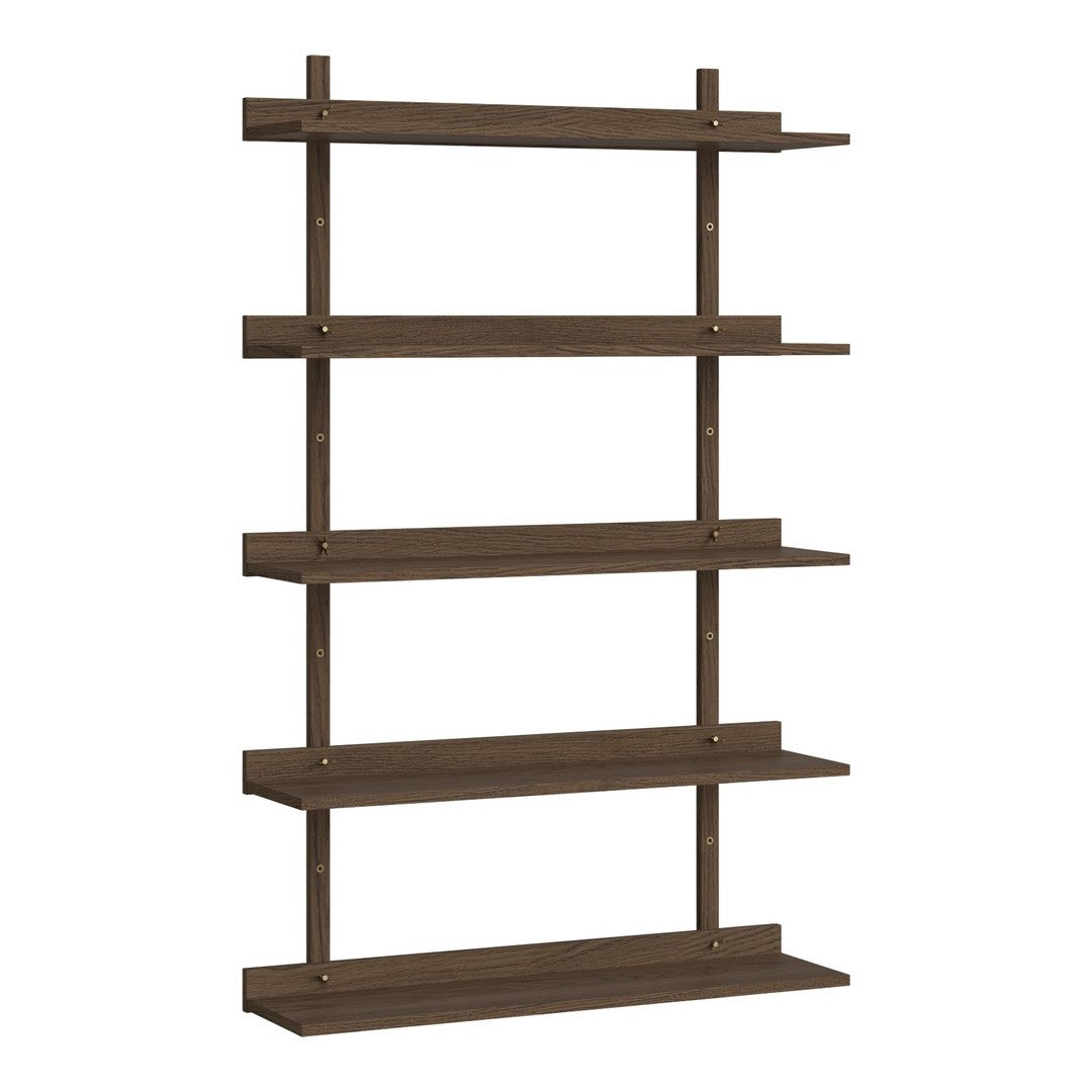 Brown wooden shelf with five horizontal shelves and sleek vertical supports, featuring a minimalist design.