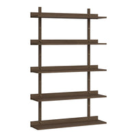 Brown wooden shelf with five horizontal shelves and sleek vertical supports, featuring a minimalist design.