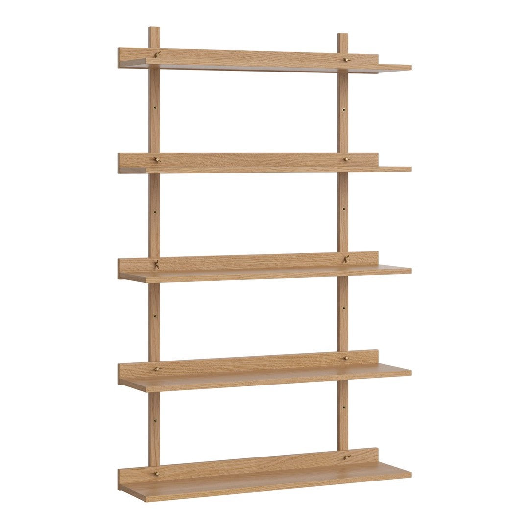 Natural wood shelving unit with five open shelves and a minimalist design, showcasing a light brown finish.