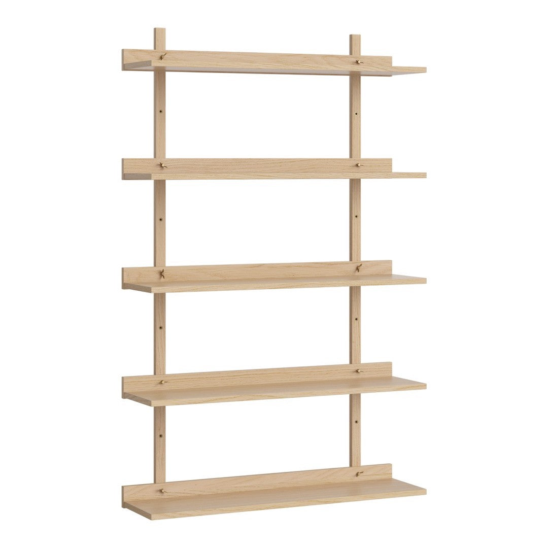 Natural wood tone shelving unit with clean lines and simple design, featuring four spacious shelves and vertical supports.
