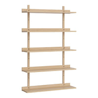 Natural wood tone shelving unit with clean lines and simple design, featuring four spacious shelves and vertical supports.