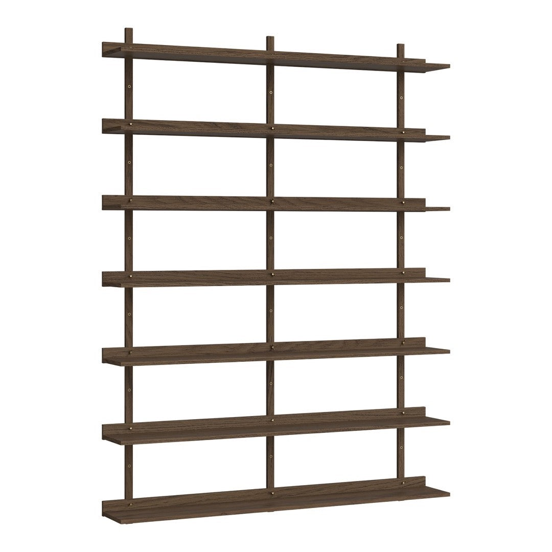 Brown wooden shelving unit with a minimalist design and evenly spaced horizontal shelves.