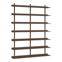 Brown wooden shelving unit with a minimalist design and evenly spaced horizontal shelves.