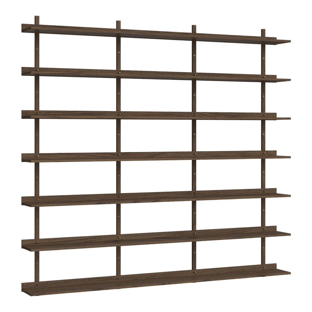 Brown wooden shelving unit with a minimalist design and horizontal slats. Perfect for storage and display.