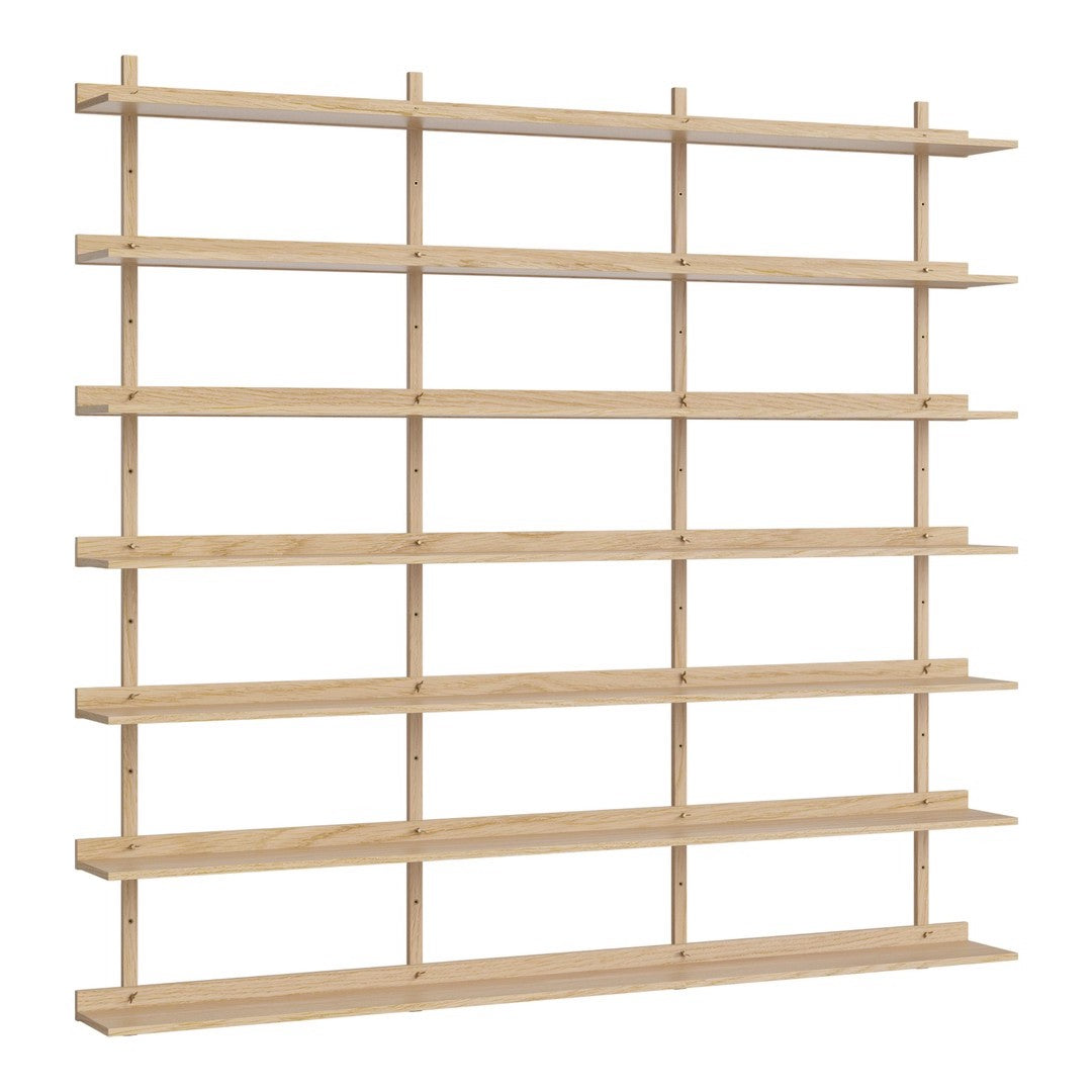 Light natural wood bookshelf with horizontal slats and open shelving design, showcasing a minimalist aesthetic.