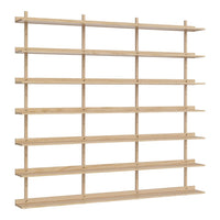 Light natural wood bookshelf with horizontal slats and open shelving design, showcasing a minimalist aesthetic.