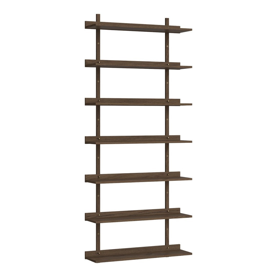 Wooden shelving unit in dark brown with a sleek, minimalist design and evenly spaced horizontal shelves.