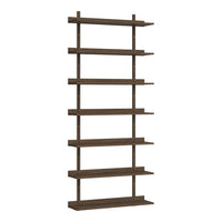 Wooden shelving unit in dark brown with a sleek, minimalist design and evenly spaced horizontal shelves.