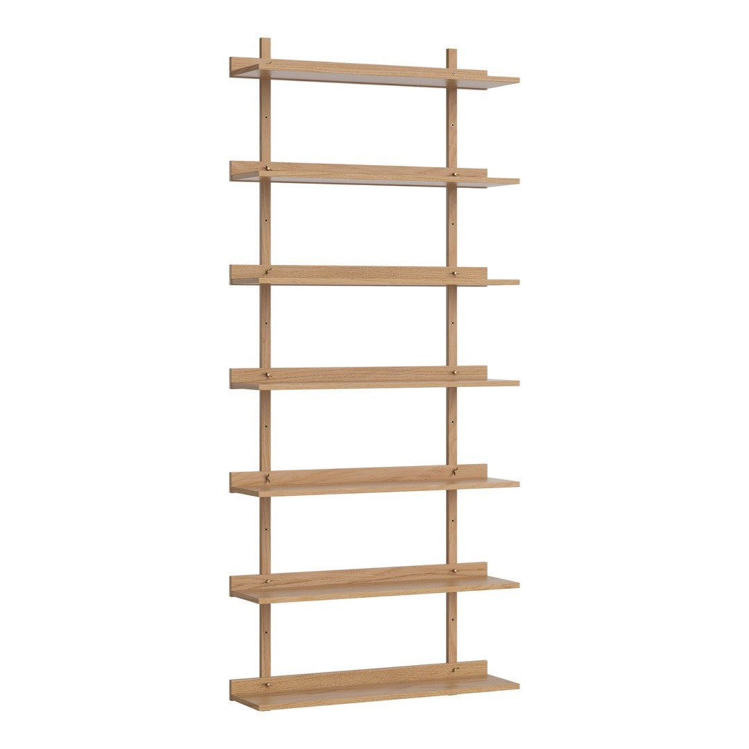 Light wood open shelving unit with a natural finish and simple geometric lines, featuring six spacious shelves.
