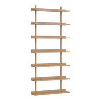 Light wood open shelving unit with a natural finish and simple geometric lines, featuring six spacious shelves.