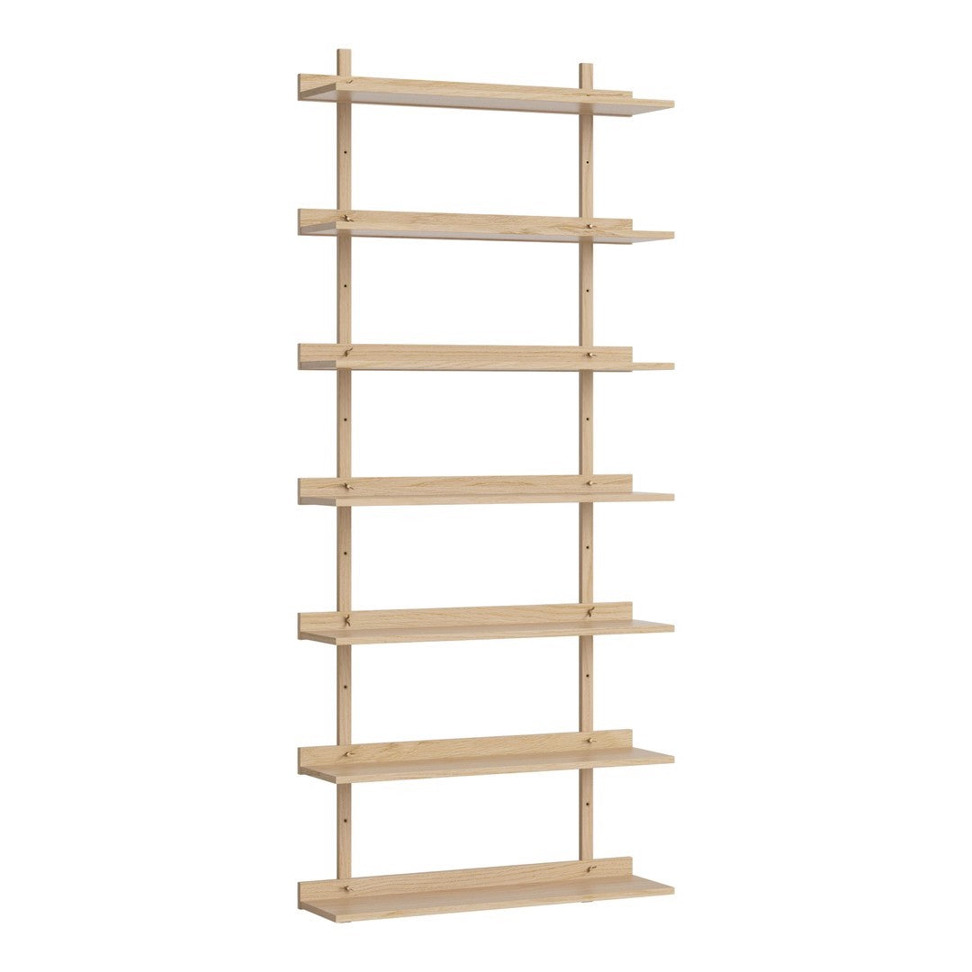 Light wood shelf unit with clean lines and a natural finish, featuring seven horizontal shelves.
