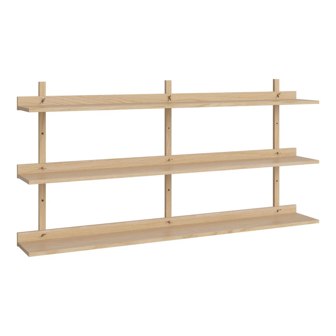 Light wood shelving unit with three horizontal shelves, featuring a clean, minimalistic design.