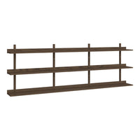 Dark brown wooden wall shelf with a sleek, minimalist design and evenly spaced flat surfaces.