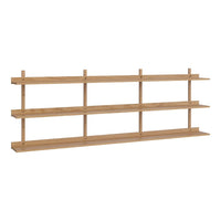 Natural wood finish shelving unit with a minimalist design, featuring smooth lines and an open layout.