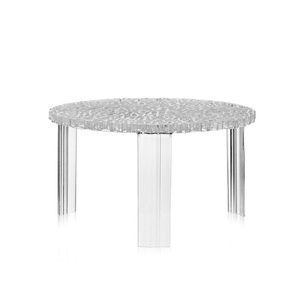 Clear round table with a textured surface and transparent acrylic legs, creating a modern, sophisticated look.