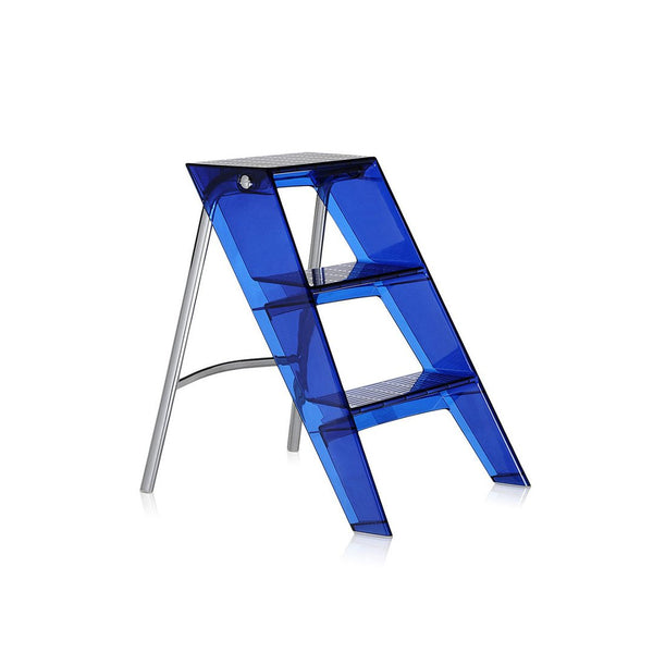 Translucent blue step ladder with modern, geometric design and sleek silver accents. Perfect for stylish functionality.