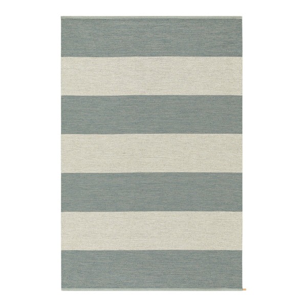 Soft blue and cream striped area rug with alternating wide stripes, ideal for modern home decor.