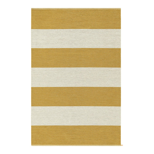 Yellow and white striped area rug with alternating bold stripes for a stylish touch to any space.