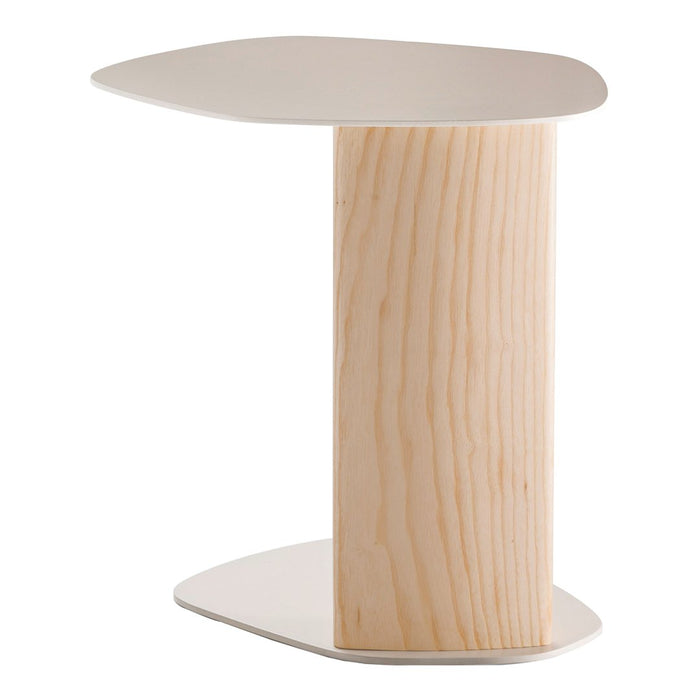 Modern side table featuring a light wood grain finish and a minimalist white top. Clean lines and contemporary design.