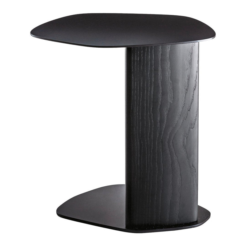 Sleek black side table with smooth contours and a minimalist design, featuring a matte finish.