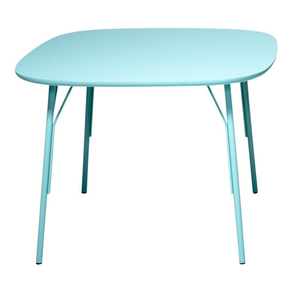 Aqua blue table with a smooth, rounded edge and sleek metal legs, ideal for modern decor.