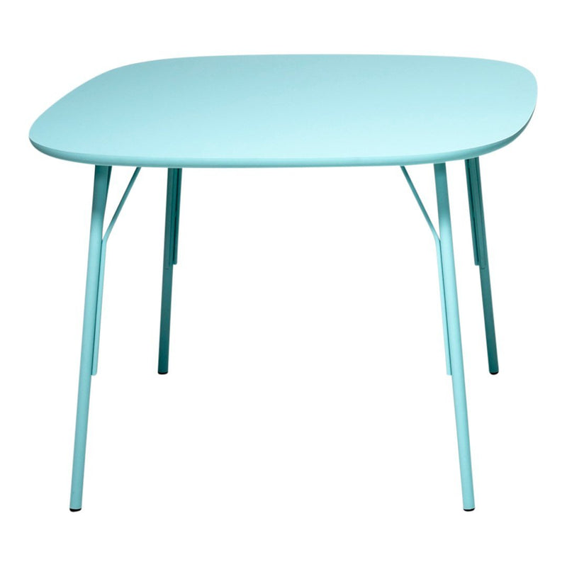 Aqua blue table with a smooth, rounded edge and sleek metal legs, ideal for modern decor.