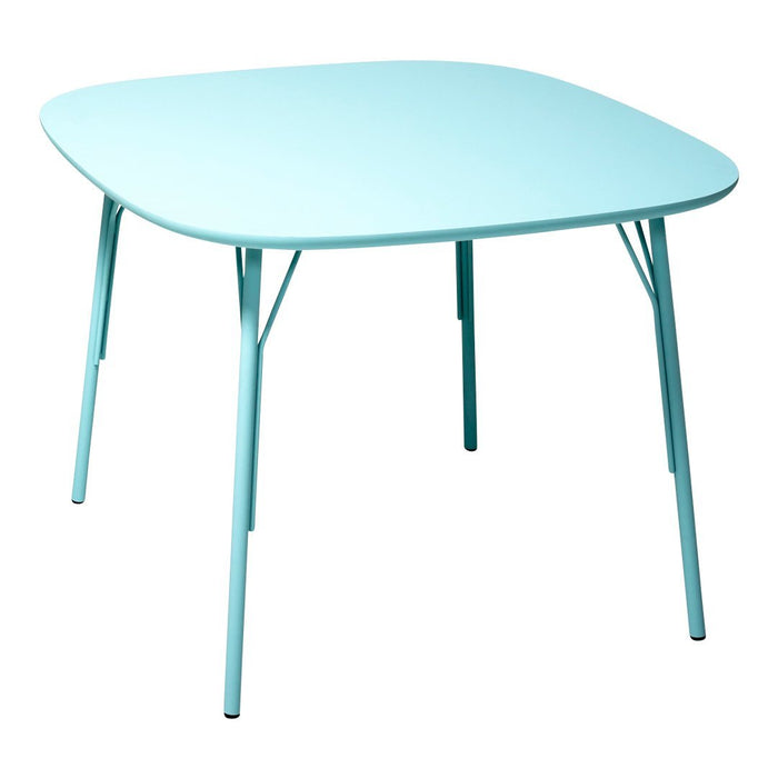 Aqua blue square table with sleek, minimalist design and slender legs. Ideal for modern decor.