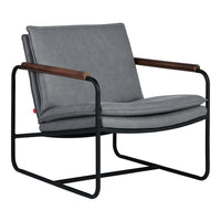Gray upholstered chair with a sleek black frame and wooden accents, featuring a minimalist design.