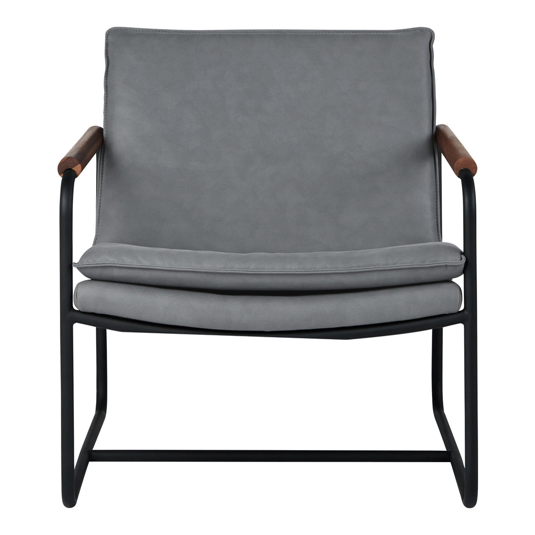 Gray upholstered chair with black metal frame and wooden armrests, featuring clean, modern lines.