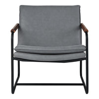 Gray upholstered chair with black metal frame and wooden armrests, featuring clean, modern lines.