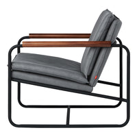 Gray upholstered chair with a sleek black metal frame and contrasting wooden armrests. Modern minimalist design.