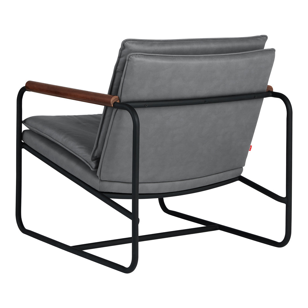 Gray upholstered chair with a sleek black metal frame and warm wood armrests, showcasing modern design.